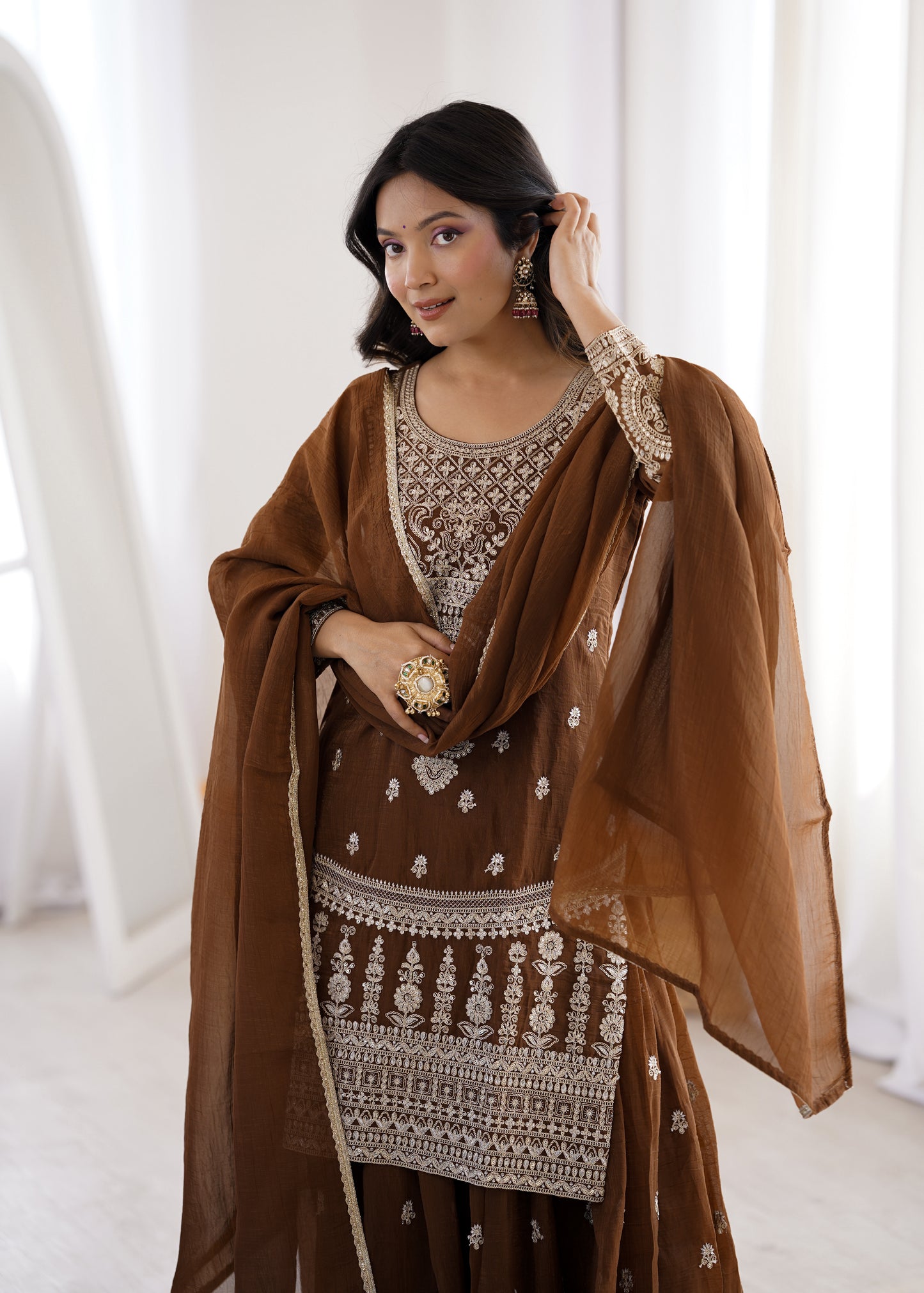 Coffee Brown Crunchy Silk Sharara Suit for Women Party Wear
