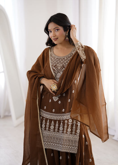 Coffee Brown Crunchy Silk Sharara Suit for Women Party Wear