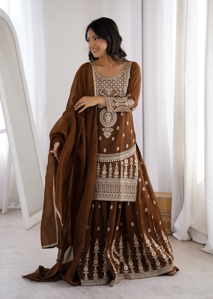 Coffee Brown Crunchy Silk Sharara Suit for Women Party Wear