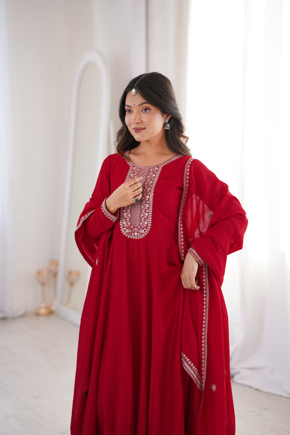 Dark Red Pure Vichitra Silk Anarkali Suit for Wedding and Party Wear