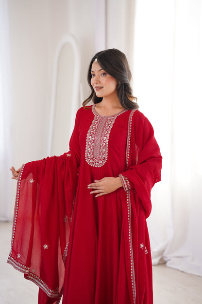 Dark Red Pure Vichitra Silk Anarkali Suit for Wedding and Party Wear