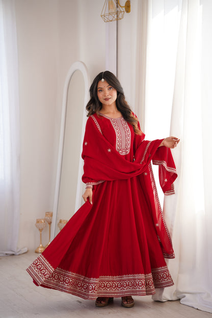 Dark Red Pure Vichitra Silk Anarkali Suit for Wedding and Party Wear