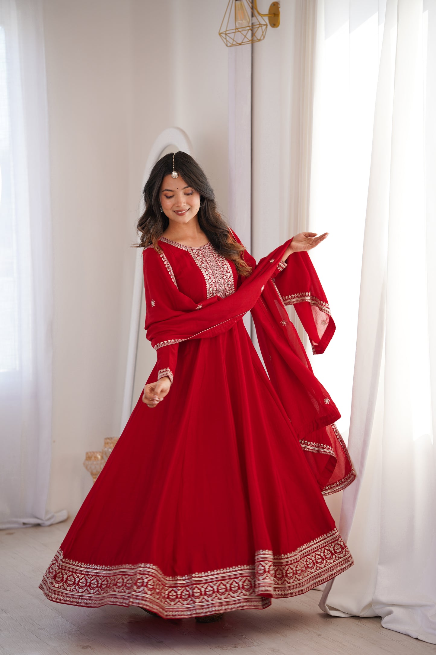 Dark Red Pure Vichitra Silk Anarkali Suit for Wedding and Party Wear