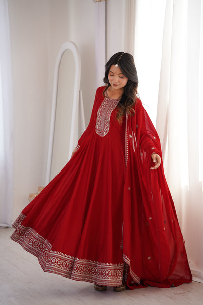 Dark Red Pure Vichitra Silk Anarkali Suit for Wedding and Party Wear