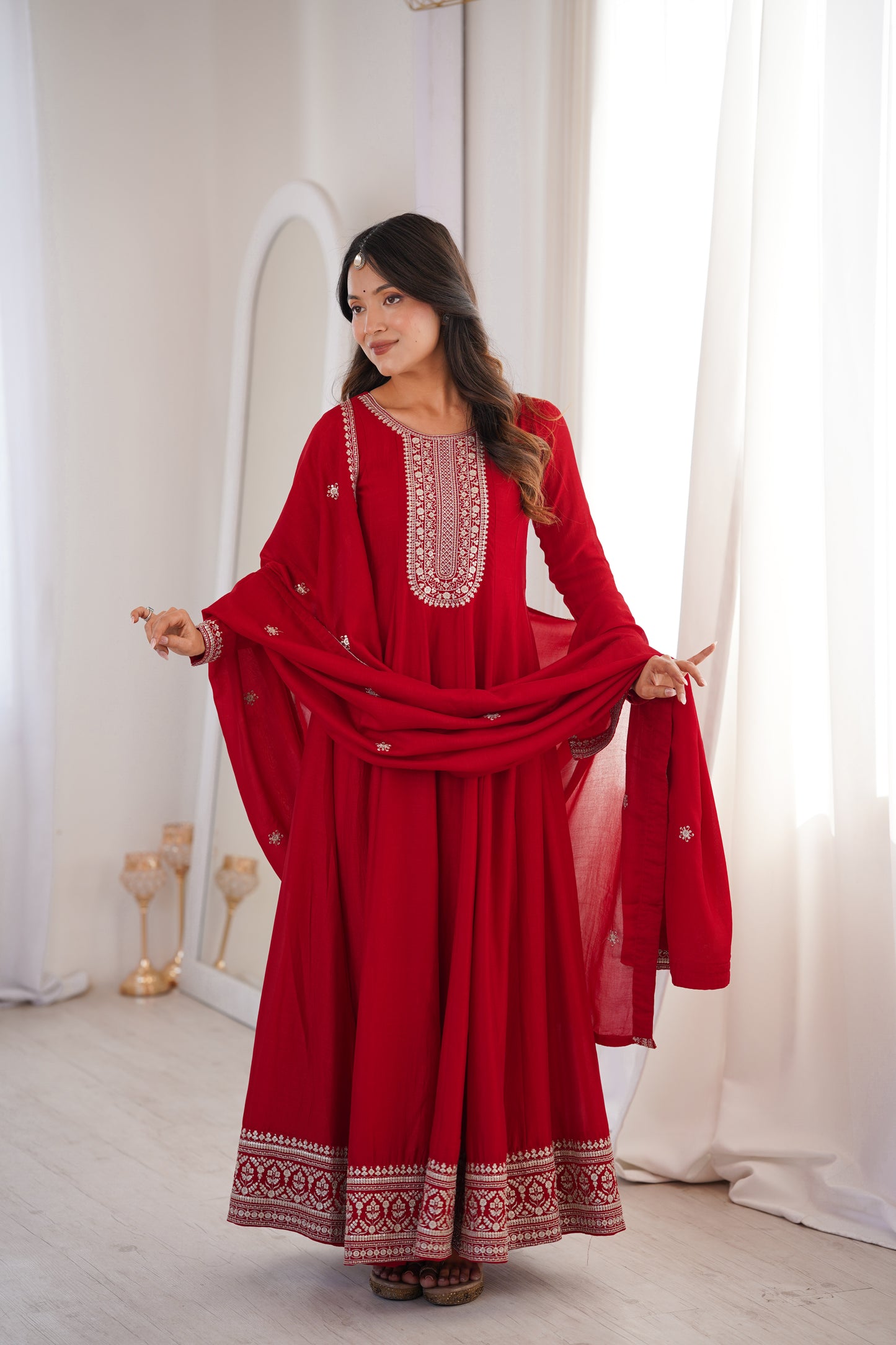 Dark Red Pure Vichitra Silk Anarkali Suit for Wedding and Party Wear