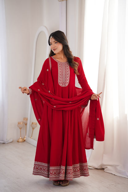 Dark Red Pure Vichitra Silk Anarkali Suit for Wedding and Party Wear