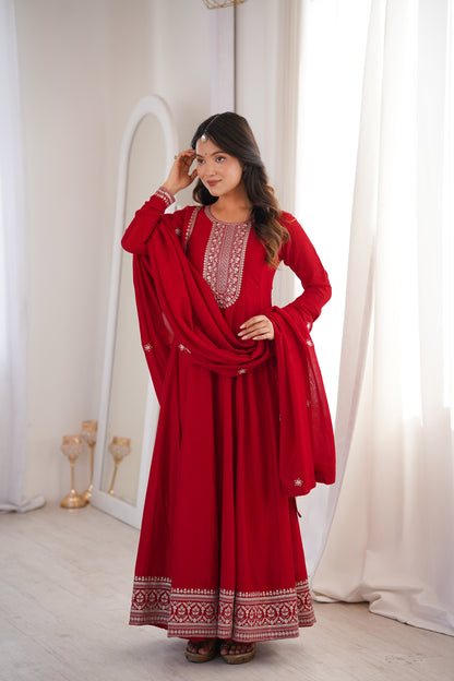 Dark Red Pure Vichitra Silk Anarkali Suit for Wedding and Party Wear