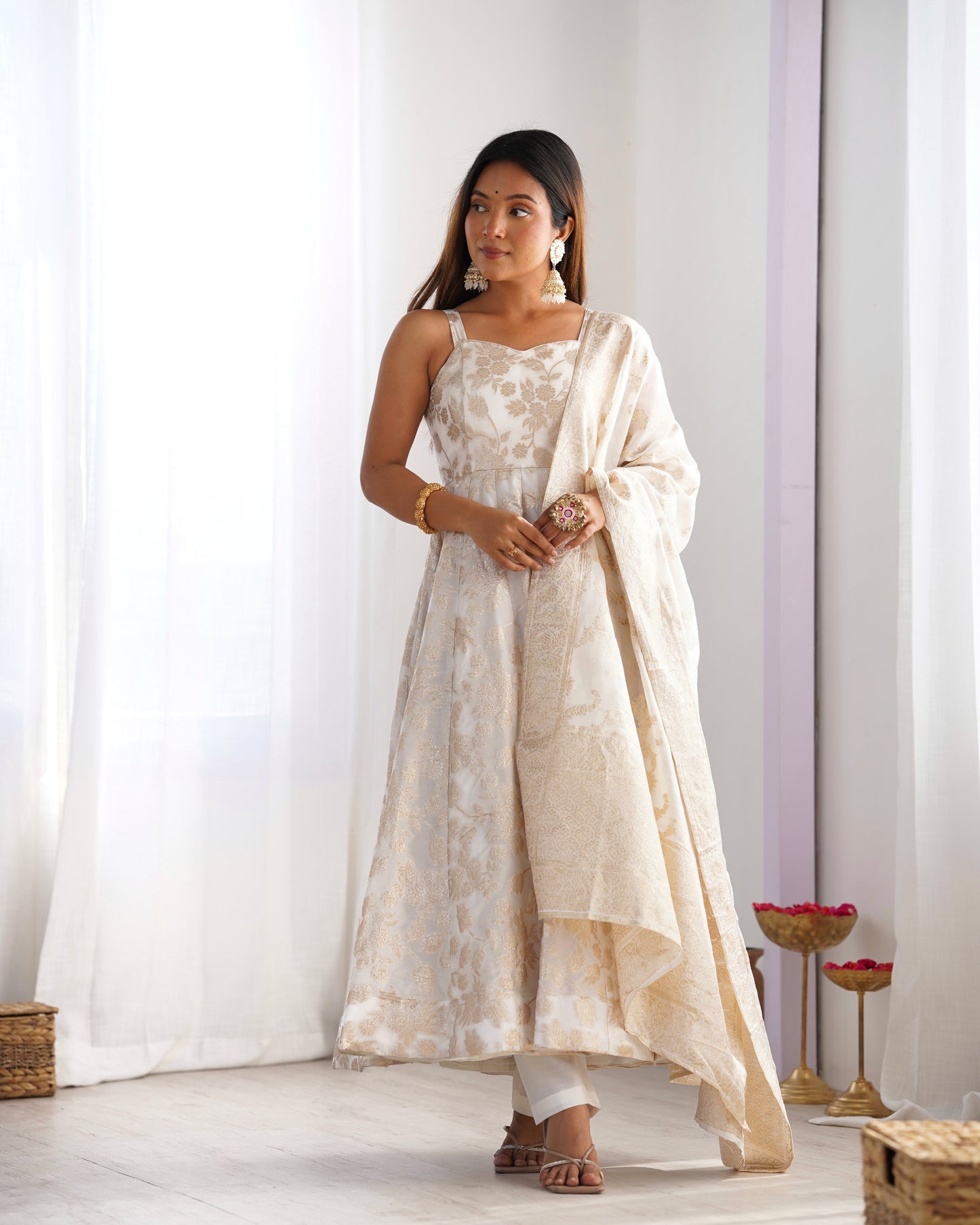 Ivory Banarasi Silk Anarkali Salwar Suit Party Wear for Women