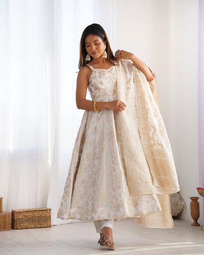 Ivory Banarasi Silk Anarkali Salwar Suit Party Wear for Women