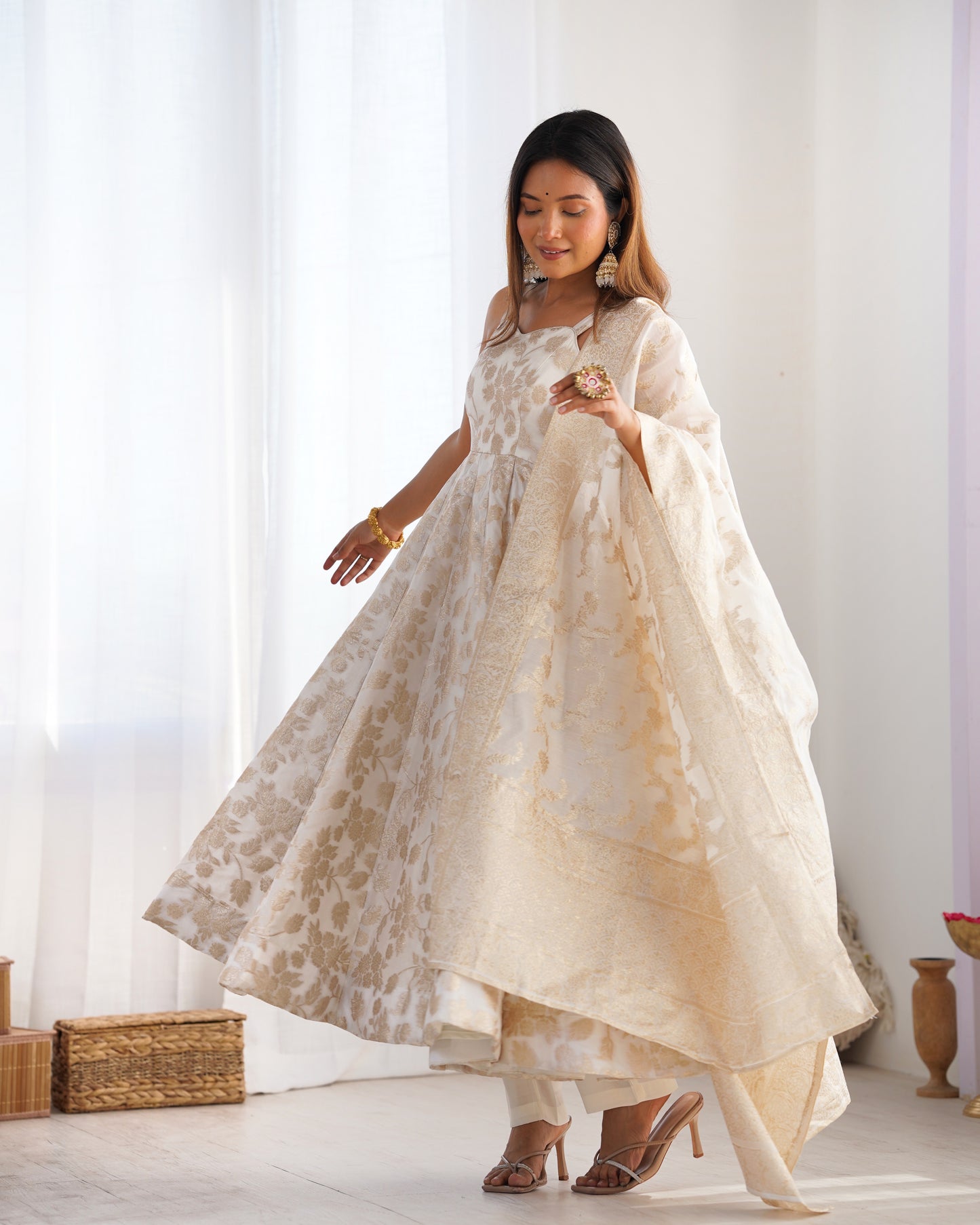 Ivory Banarasi Silk Anarkali Salwar Suit Party Wear for Women