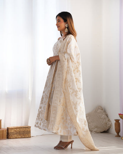 Ivory Banarasi Silk Anarkali Salwar Suit Party Wear for Women
