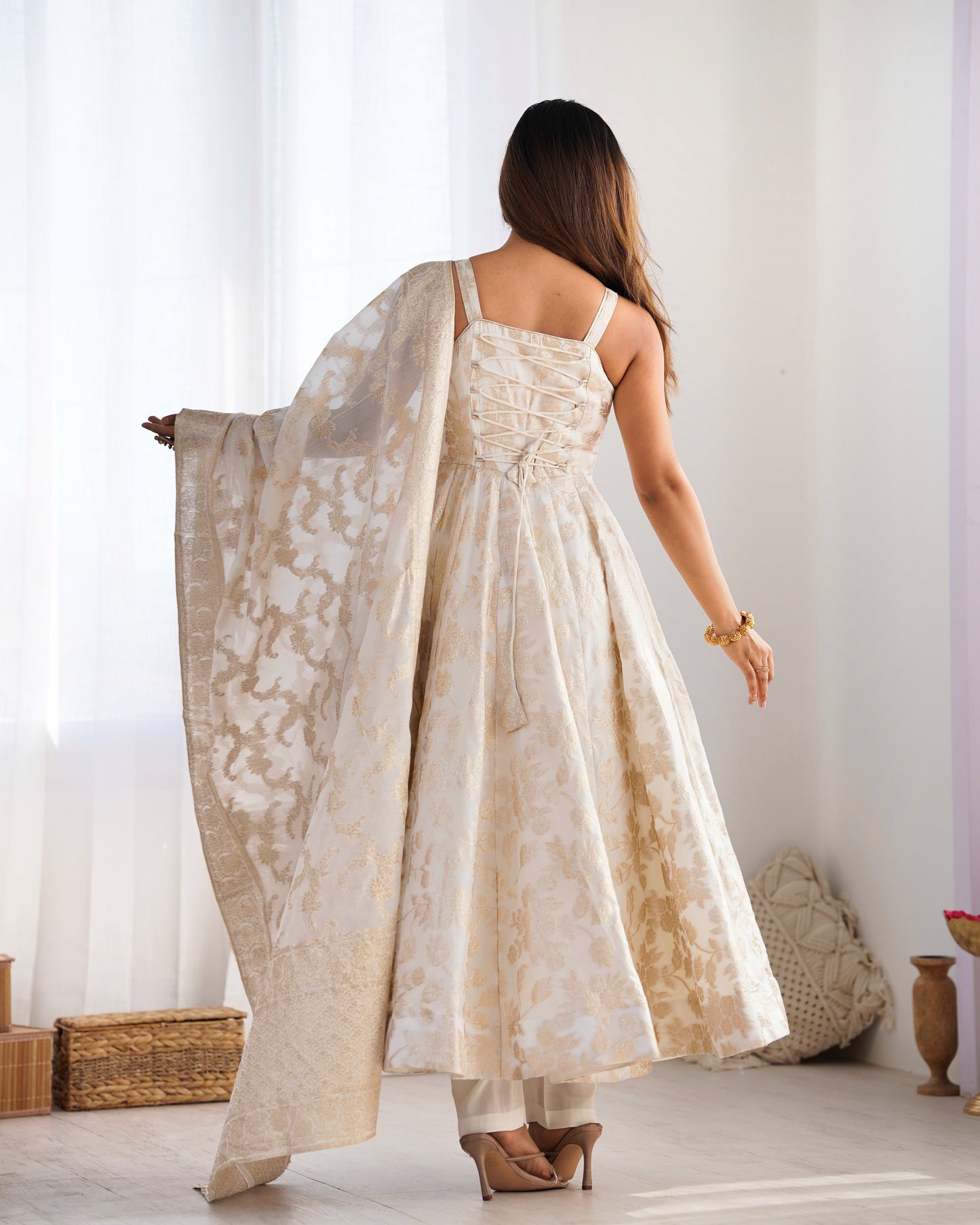 Ivory Banarasi Silk Anarkali Salwar Suit Party Wear for Women