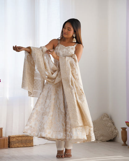 Ivory Banarasi Silk Anarkali Salwar Suit Party Wear for Women