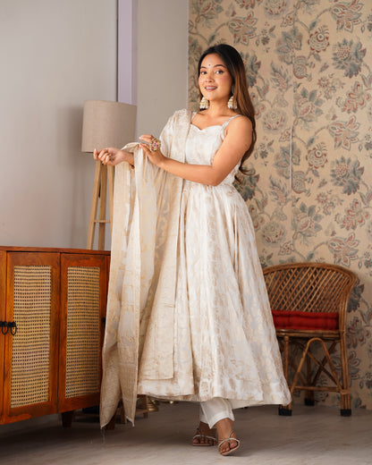 Ivory Banarasi Silk Anarkali Salwar Suit Party Wear for Women