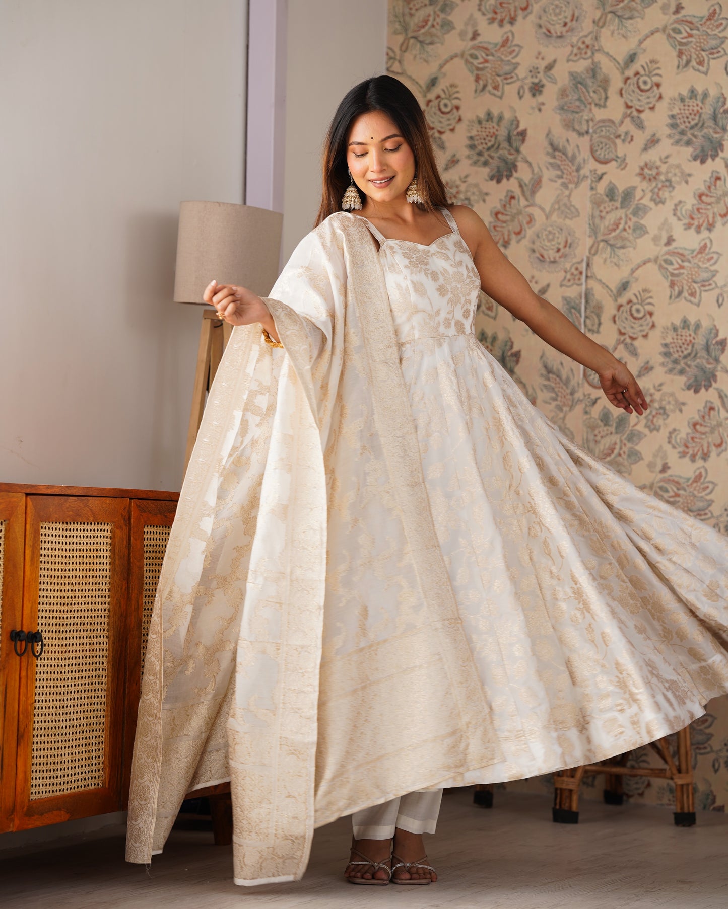 Ivory Banarasi Silk Anarkali Salwar Suit Party Wear for Women