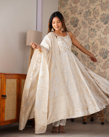 Ivory Banarasi Silk Anarkali Salwar Suit Party Wear for Women