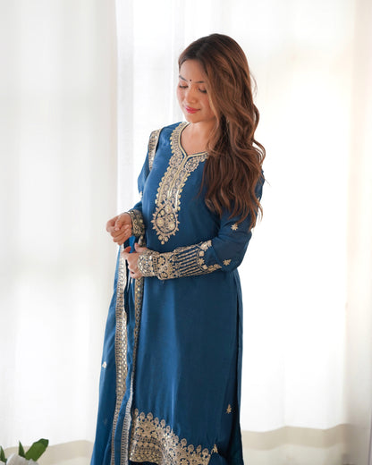 Teal Blue Chinon Silk Salwar Kameez Suit for Party Wear