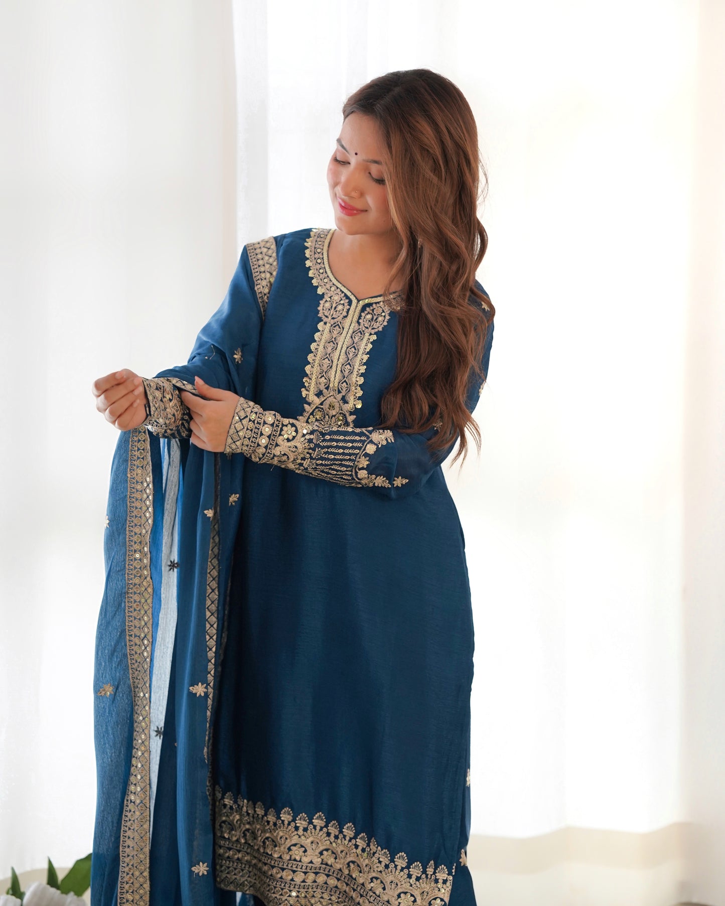 Teal Blue Chinon Silk Salwar Kameez Suit for Party Wear