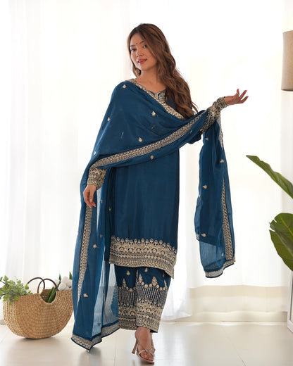 Teal Blue Chinon Silk Salwar Kameez Suit for Party Wear