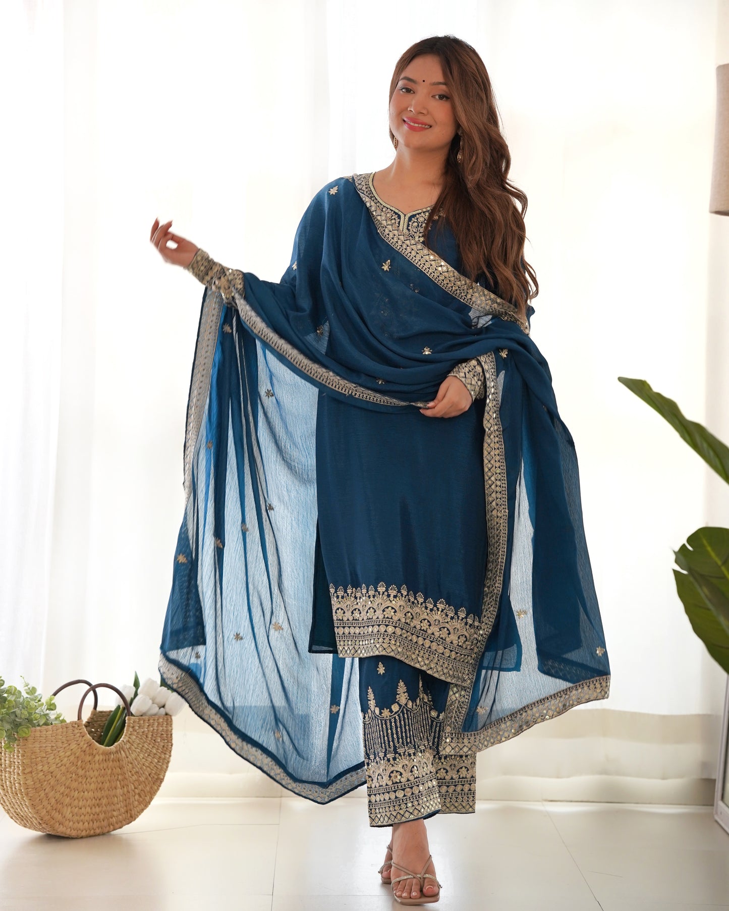 Teal Blue Chinon Silk Salwar Kameez Suit for Party Wear