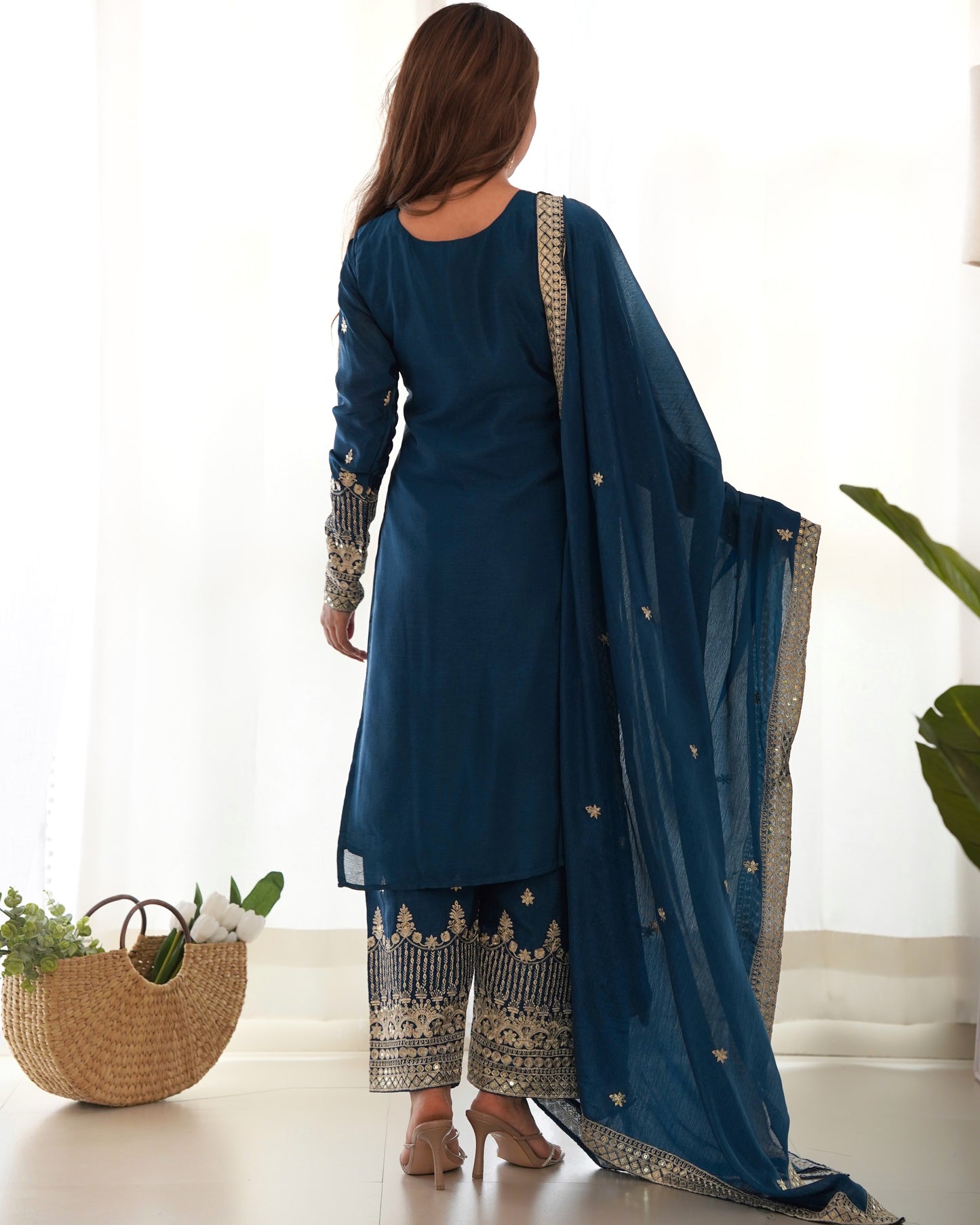 Teal Blue Chinon Silk Salwar Kameez Suit for Party Wear
