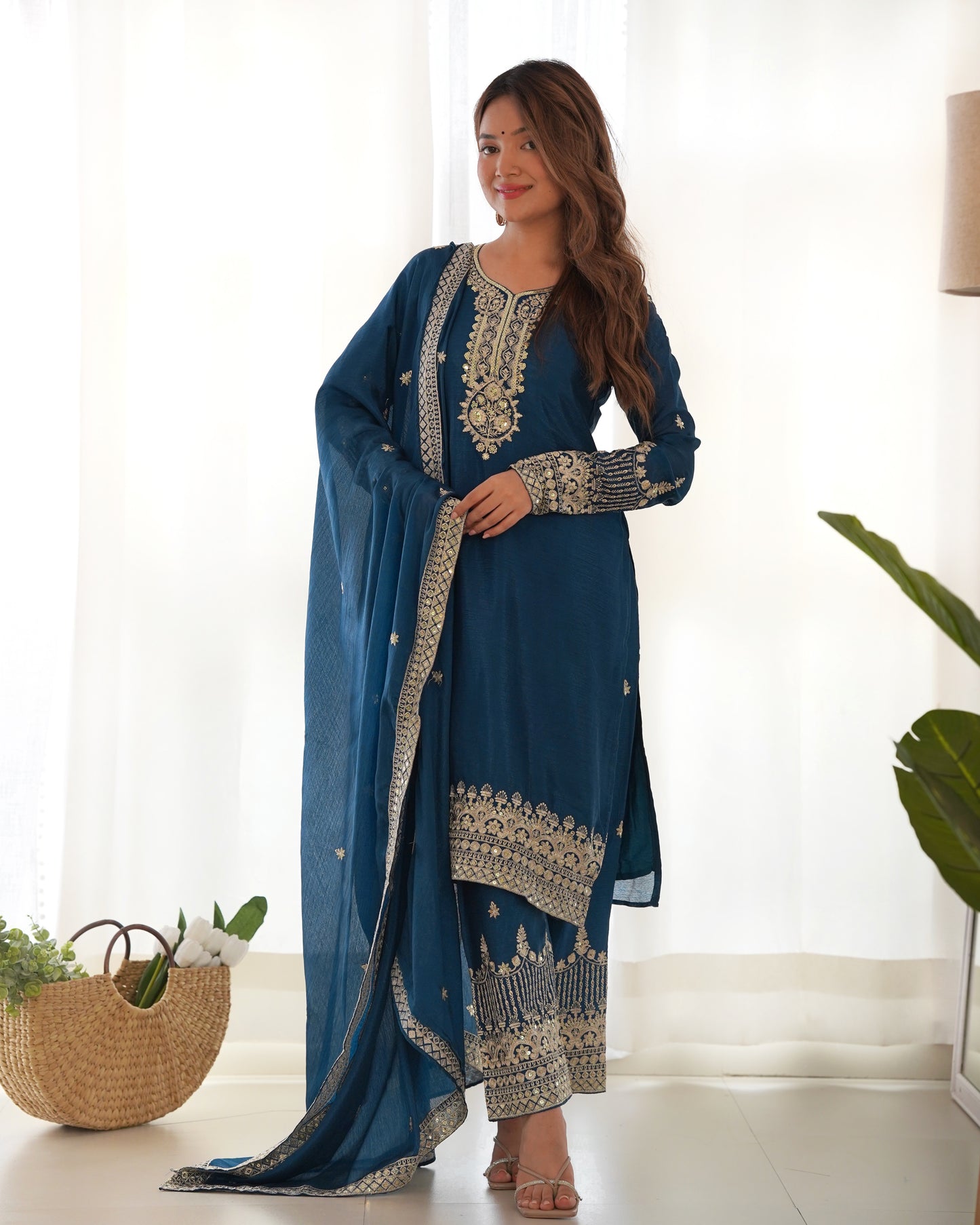 Teal Blue Chinon Silk Salwar Kameez Suit for Party Wear