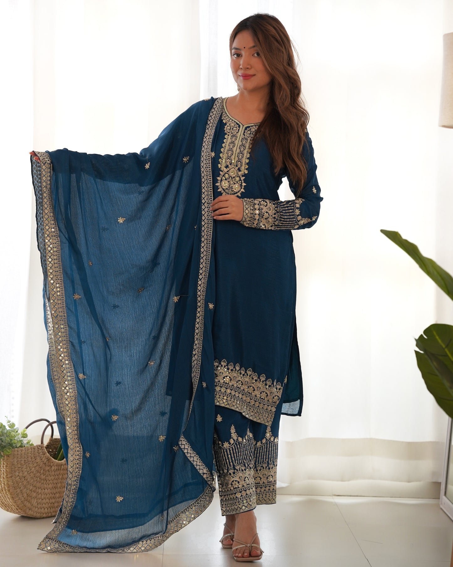 Teal Blue Chinon Silk Salwar Kameez Suit for Party Wear