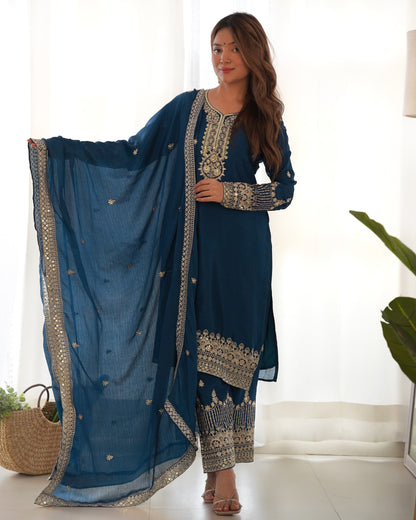 Teal Blue Chinon Silk Salwar Kameez Suit for Party Wear