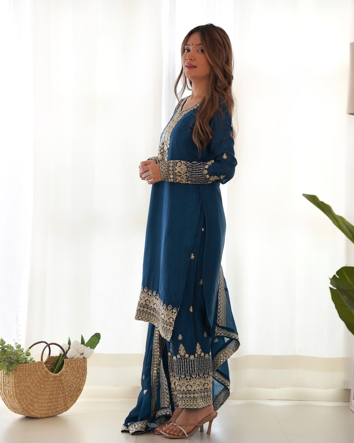 Teal Blue Chinon Silk Salwar Kameez Suit for Party Wear