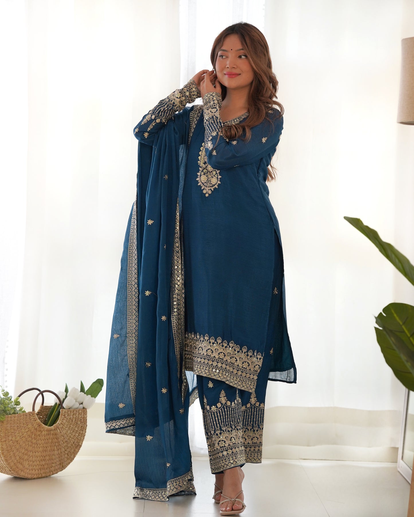 Teal Blue Chinon Silk Salwar Kameez Suit for Party Wear
