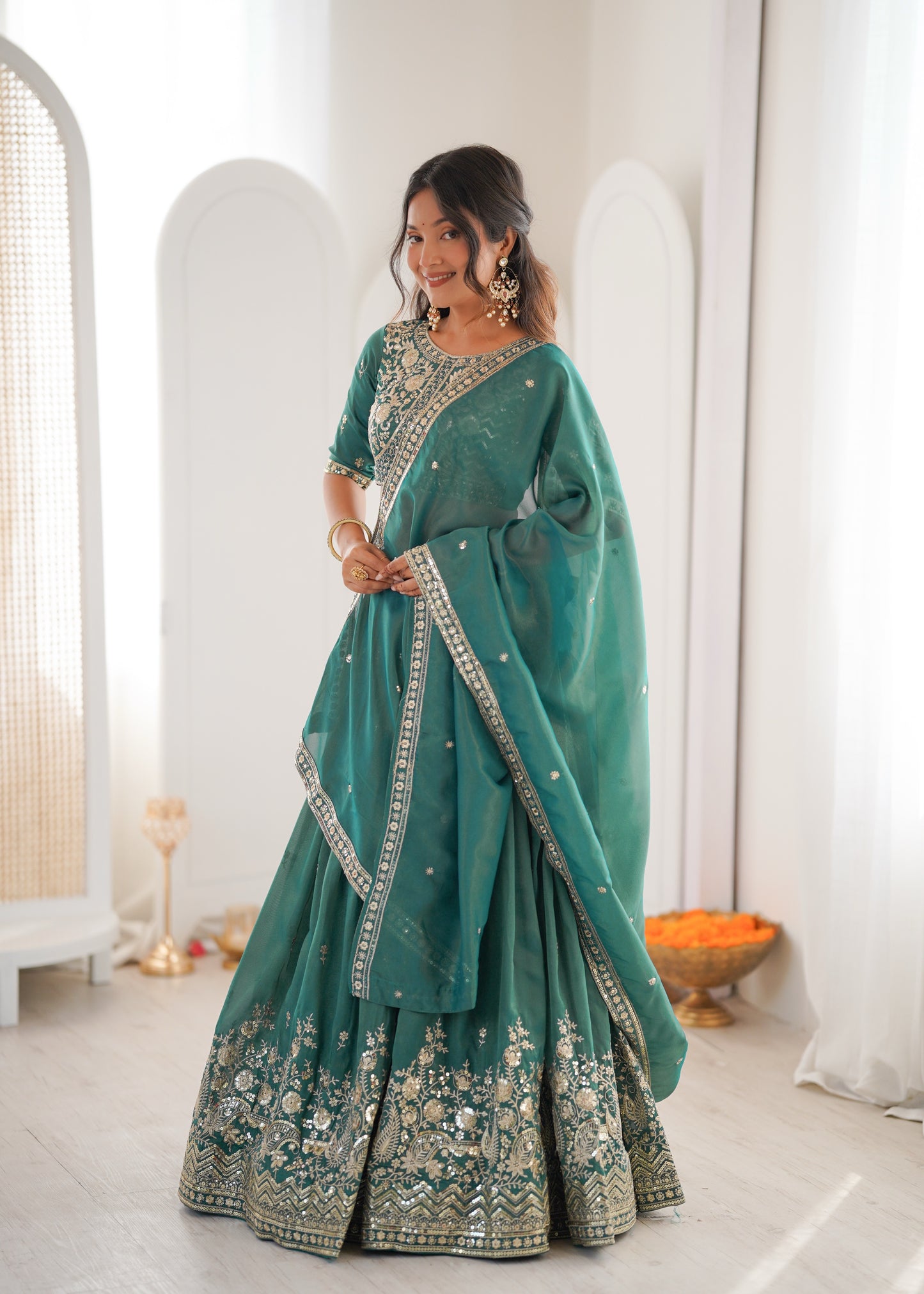 Forest Green Simmer Silk Thread & Sequence Work Lehenga Choli