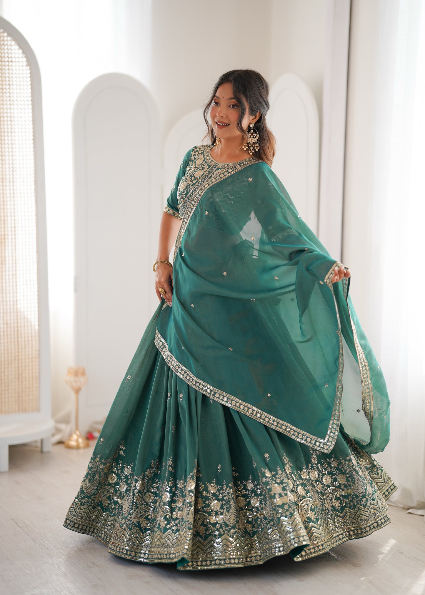 Forest Green Simmer Silk Thread & Sequence Work Lehenga Choli