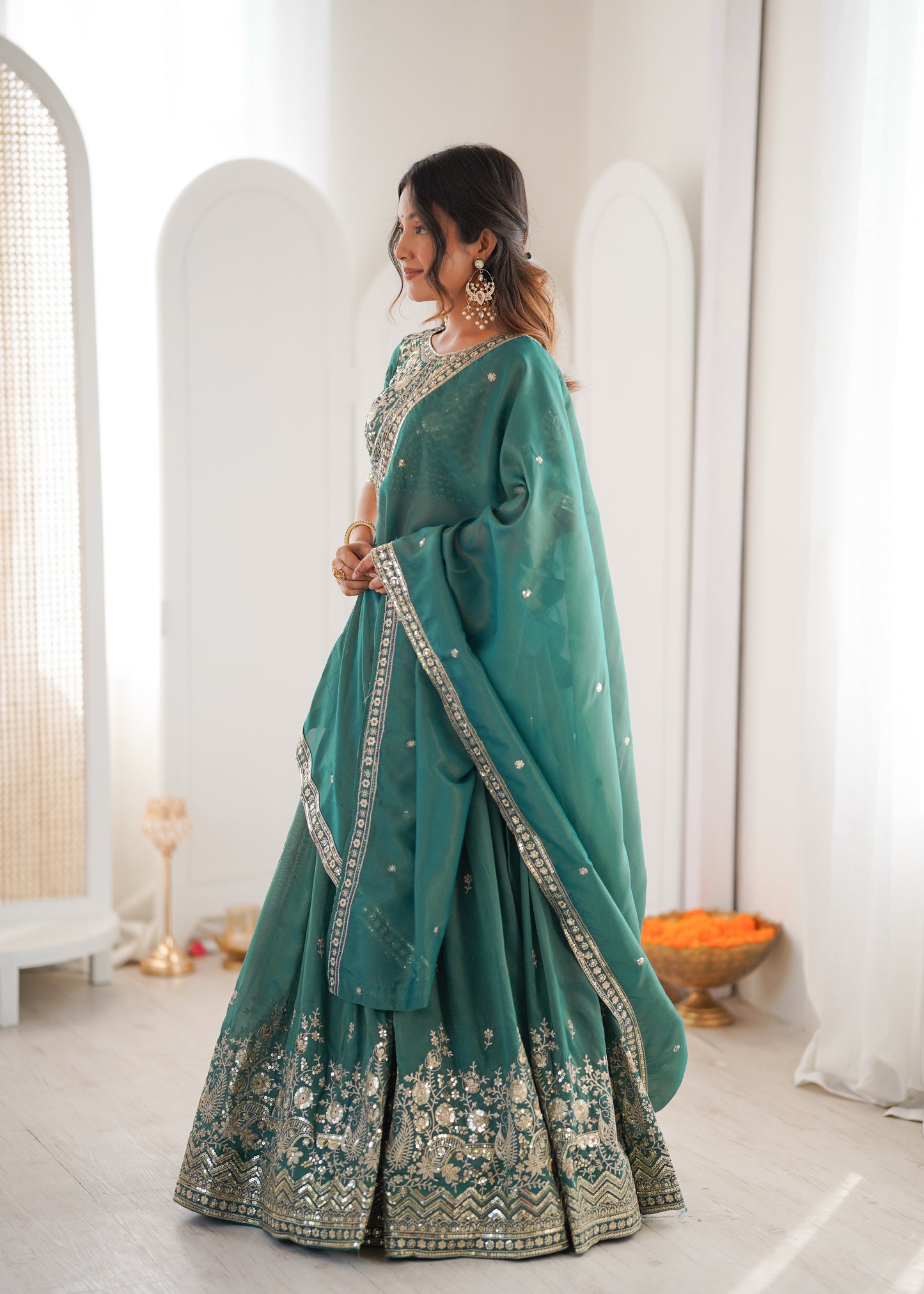 Forest Green Simmer Silk Thread & Sequence Work Lehenga Choli