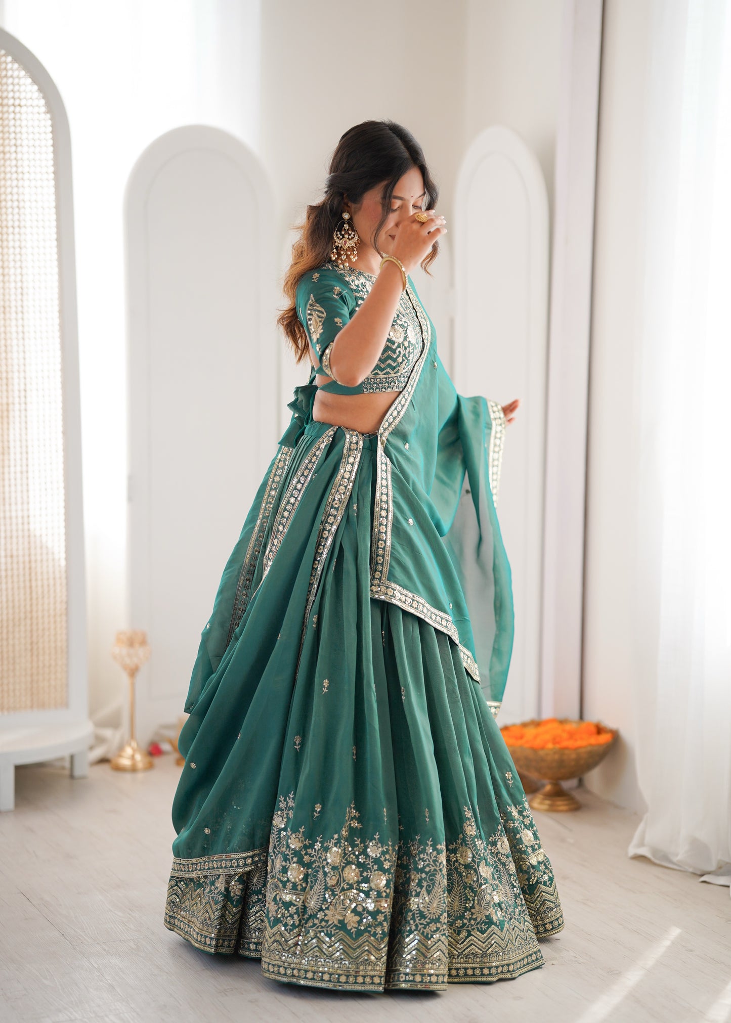 Forest Green Simmer Silk Thread & Sequence Work Lehenga Choli