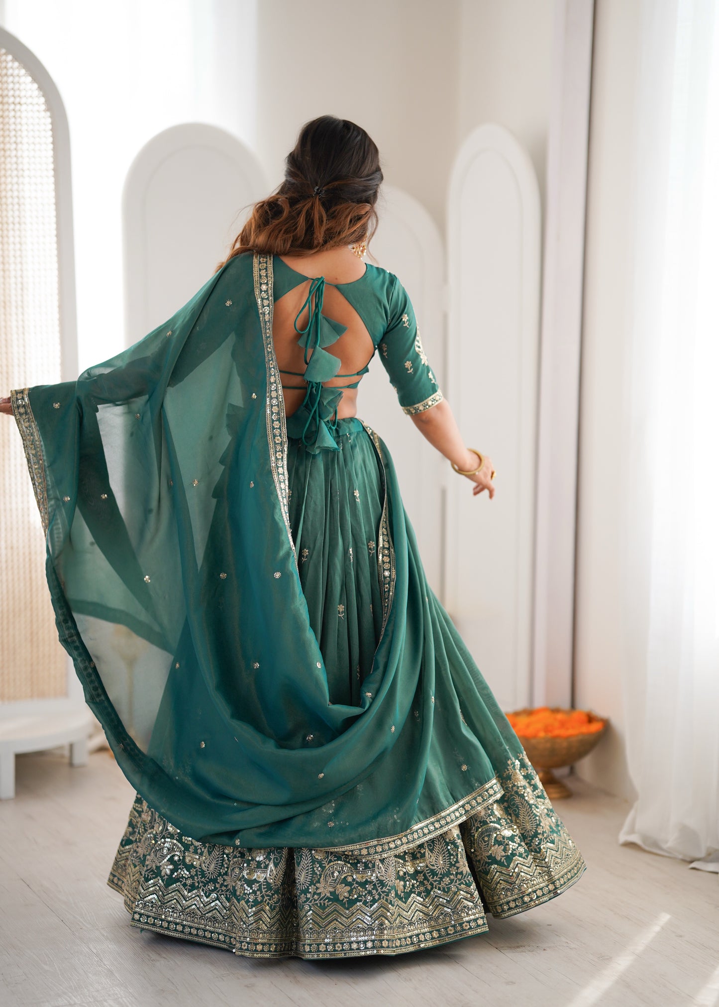 Forest Green Simmer Silk Thread & Sequence Work Lehenga Choli