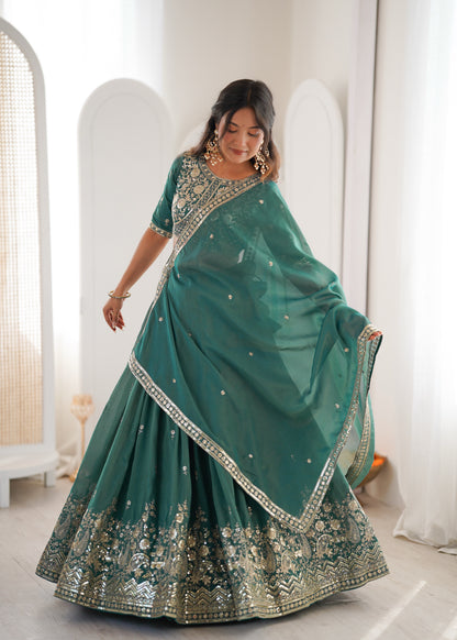 Forest Green Simmer Silk Thread & Sequence Work Lehenga Choli