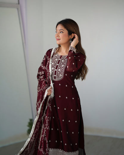Wine Rangoli Silk Pakistani Style Party Wear Salwar Suit