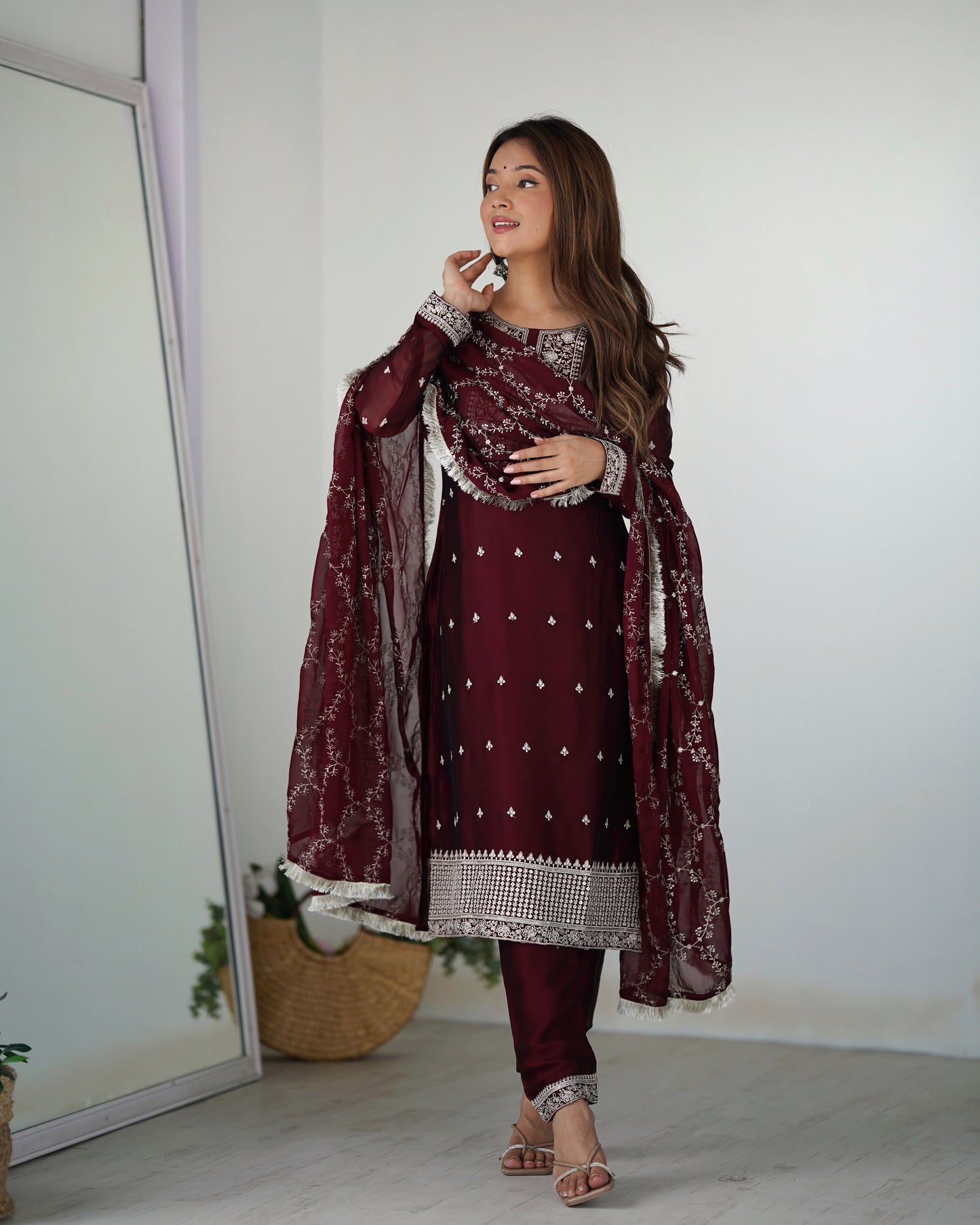 Wine Rangoli Silk Pakistani Style Party Wear Salwar Suit