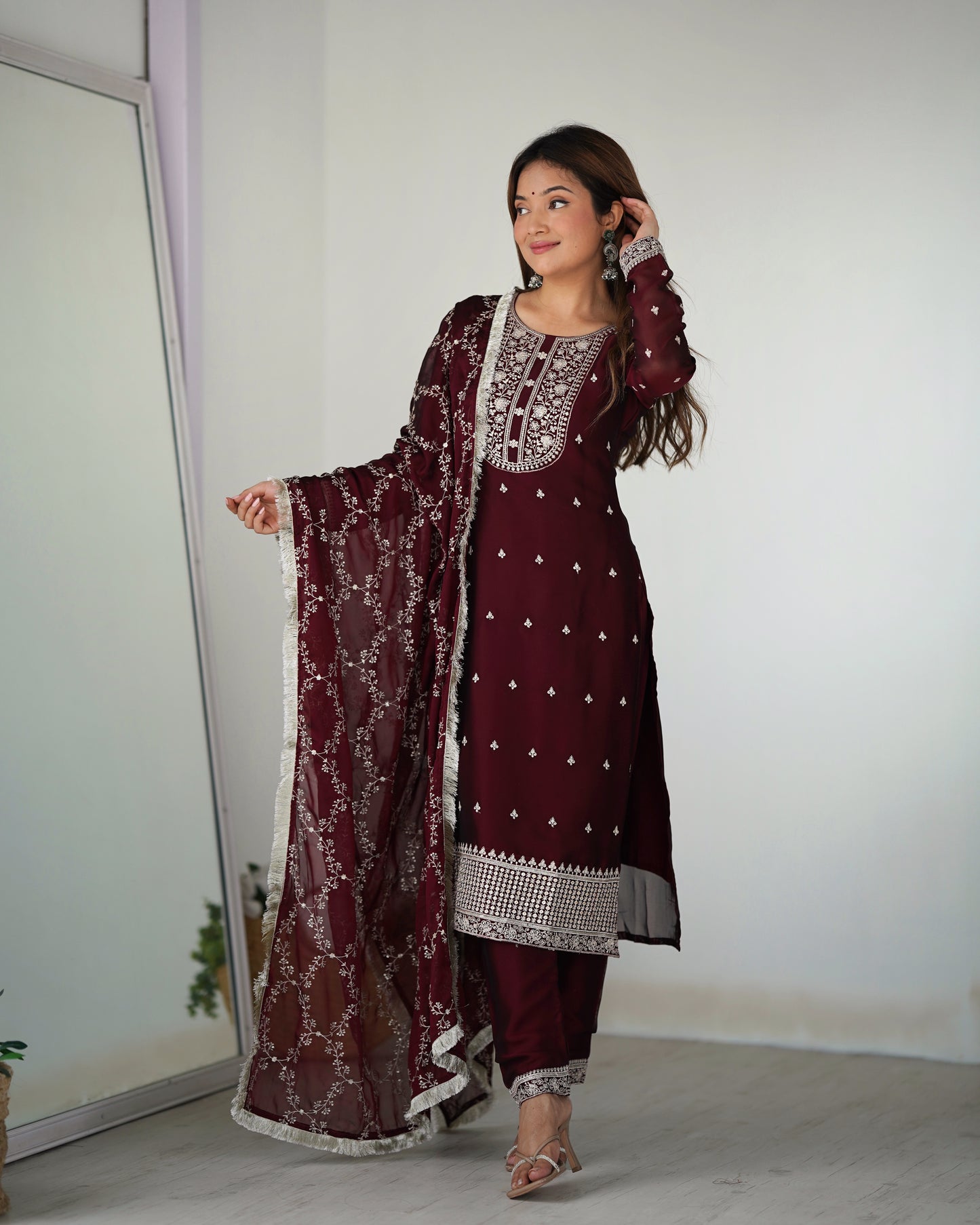 Wine Rangoli Silk Pakistani Style Party Wear Salwar Suit