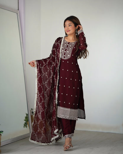 Wine Rangoli Silk Pakistani Style Party Wear Salwar Suit