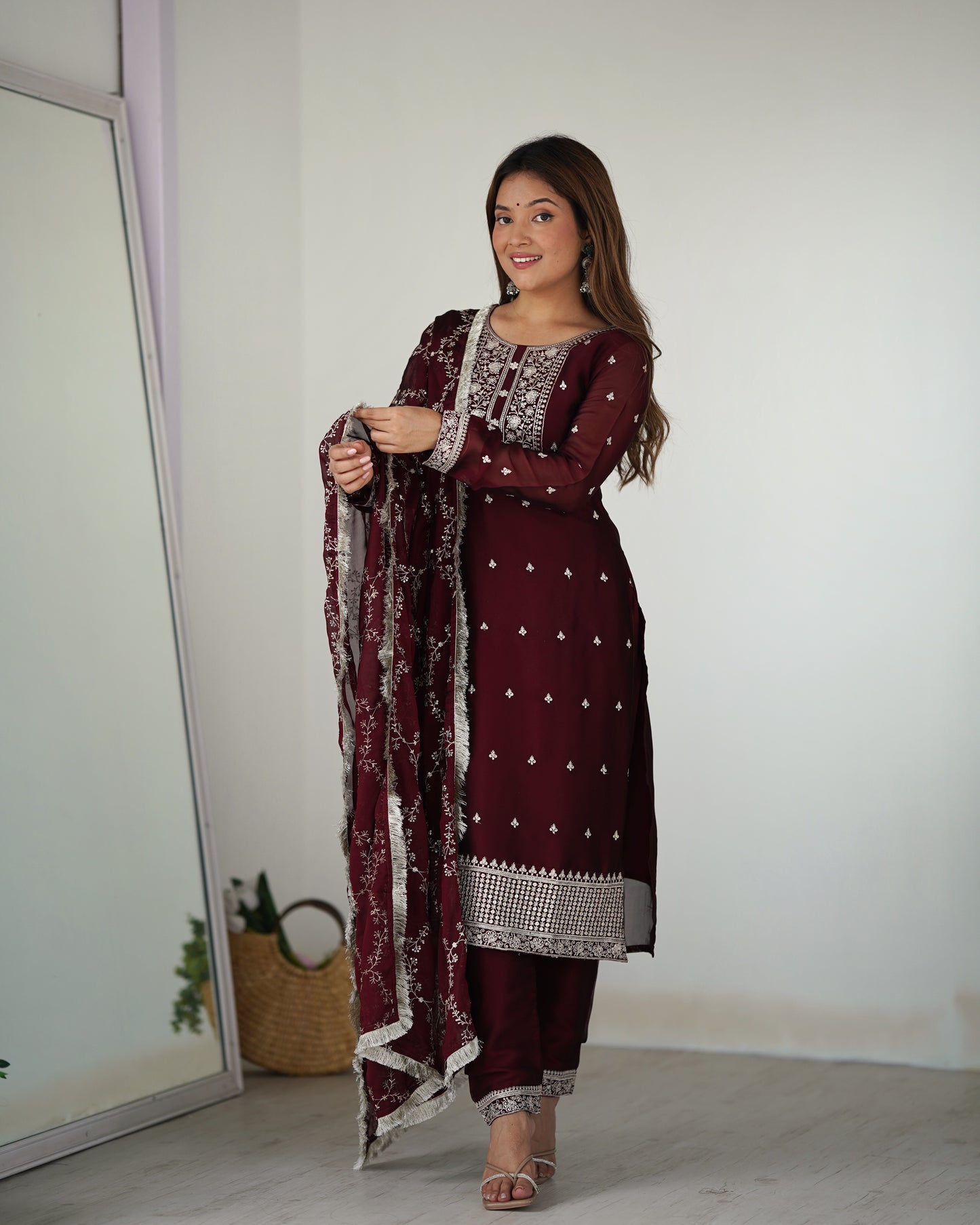 Wine Rangoli Silk Pakistani Style Party Wear Salwar Suit