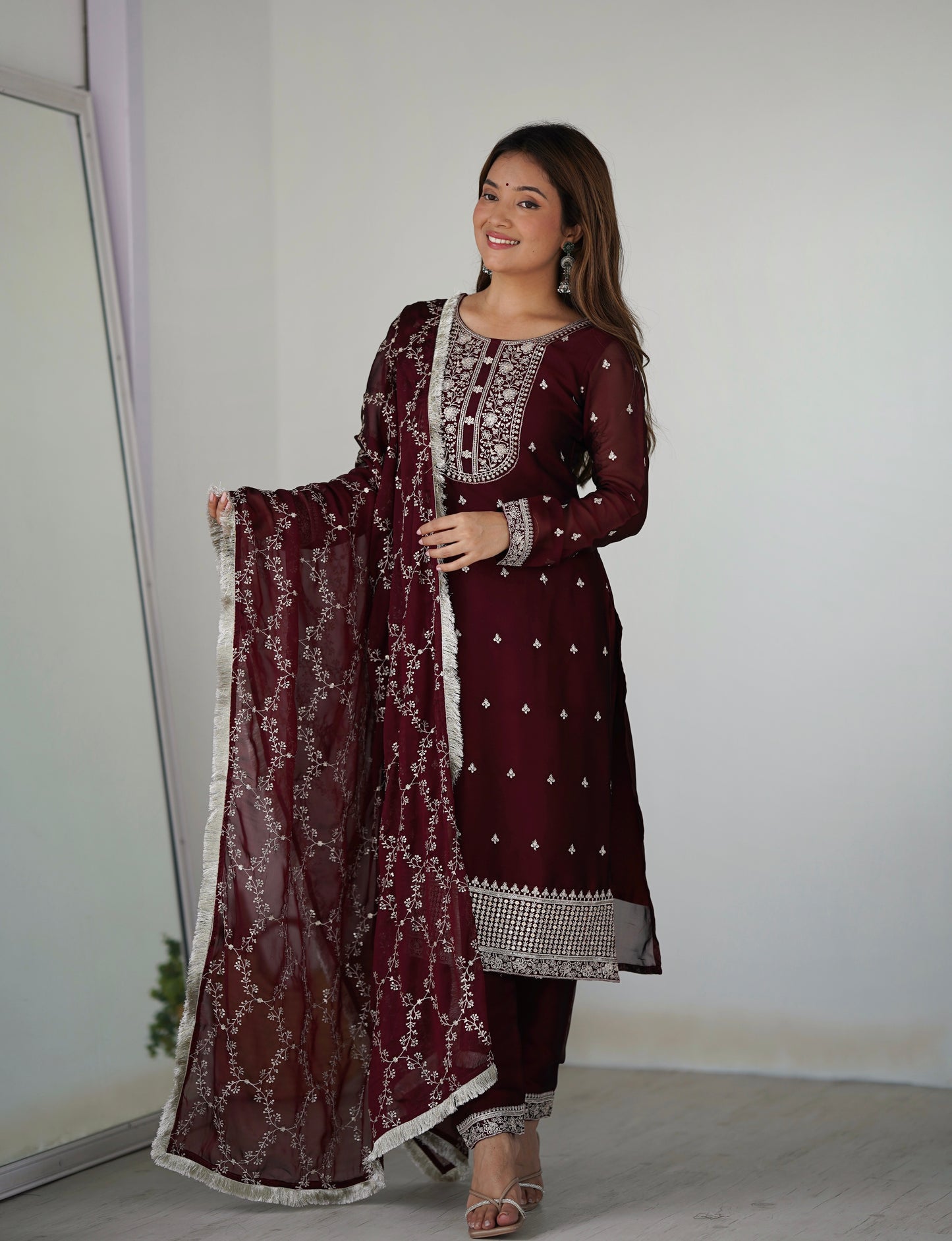 Wine Rangoli Silk Pakistani Style Party Wear Salwar Suit