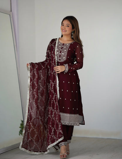 Wine Rangoli Silk Pakistani Style Party Wear Salwar Suit
