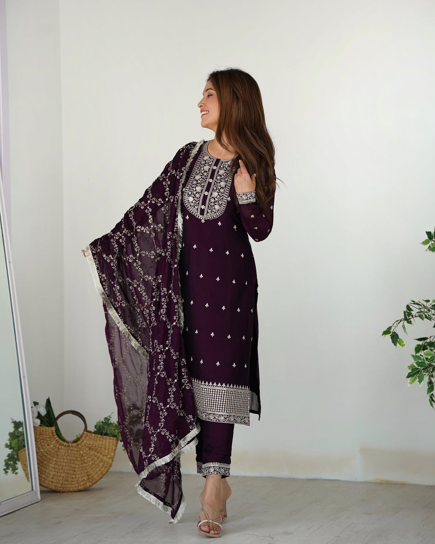 Wine Rangoli Silk Pakistani Style Party Wear Salwar Suit
