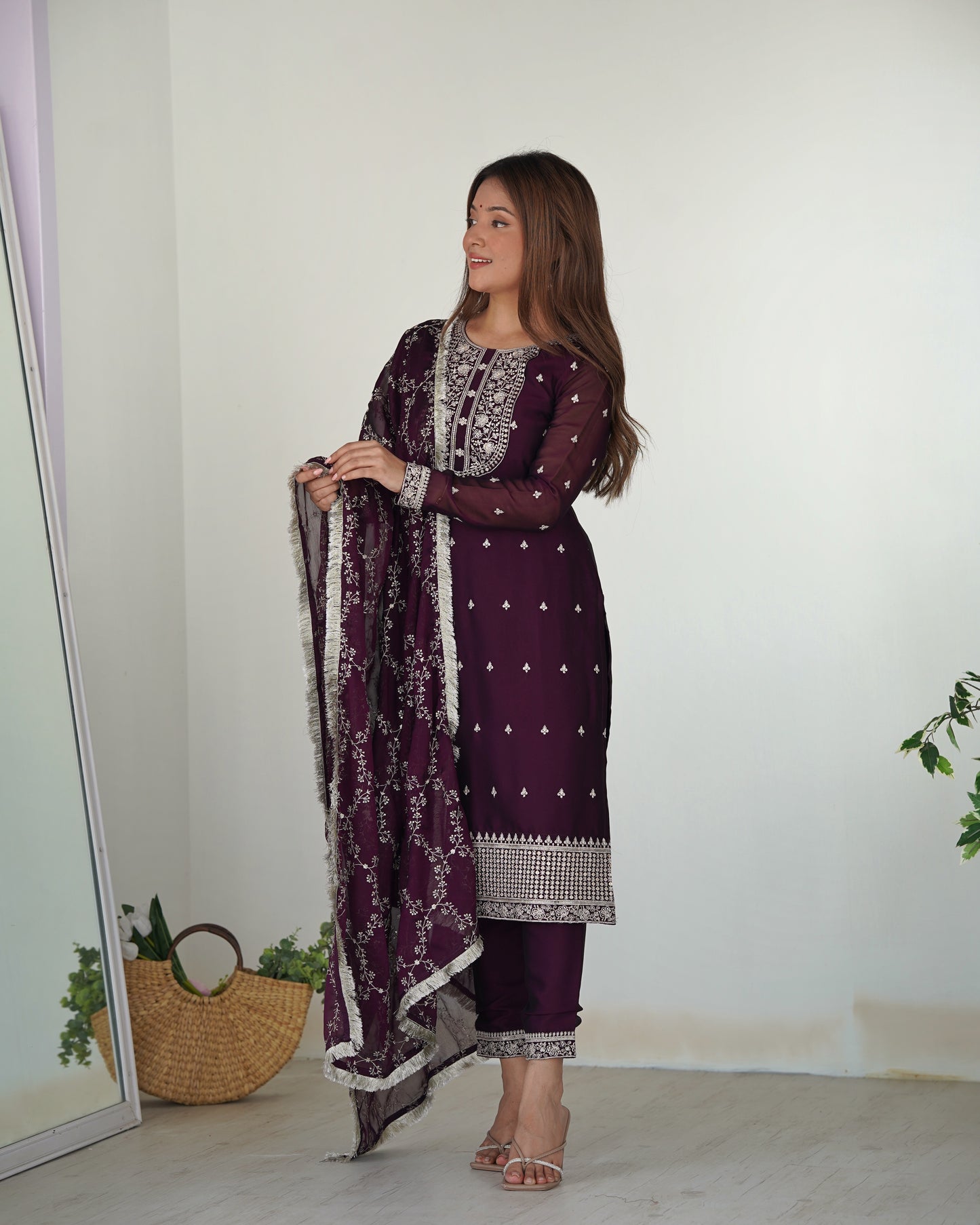 Wine Rangoli Silk Pakistani Style Party Wear Salwar Suit