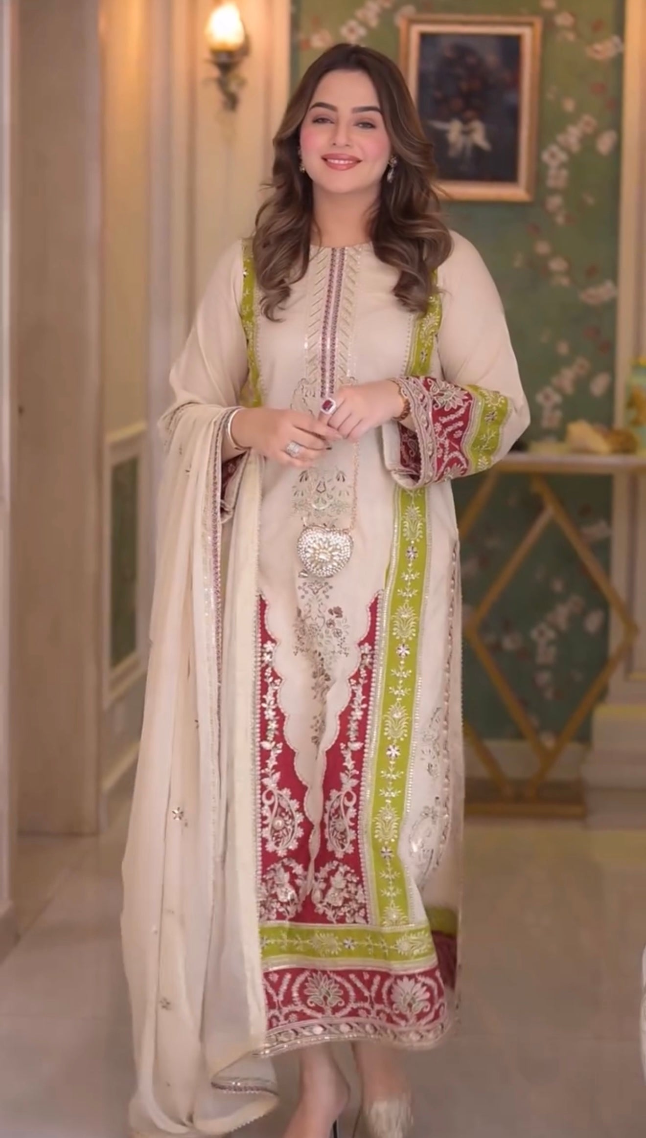 Cream Roman Silk Pakistani Suit with Sequence Embroidery