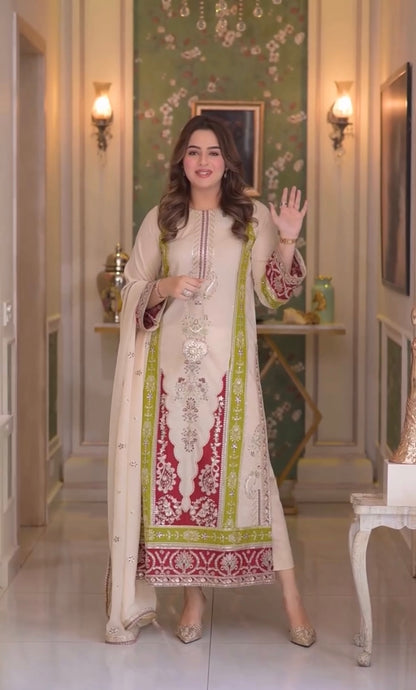Cream Roman Silk Pakistani Suit with Sequence Embroidery