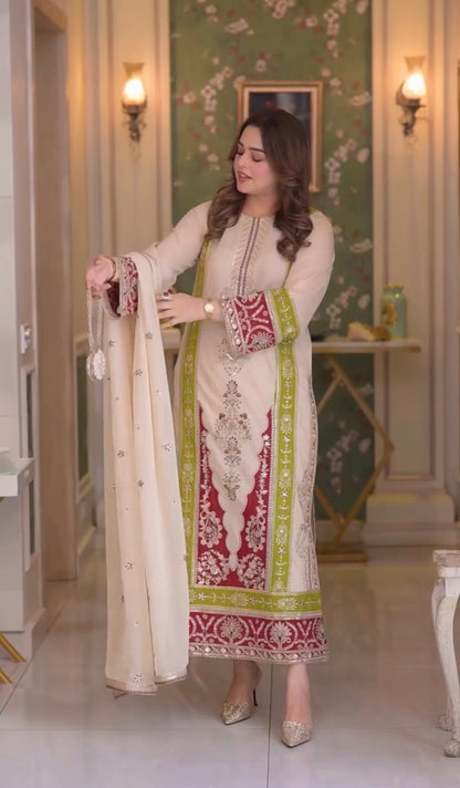 Cream Roman Silk Pakistani Suit with Sequence Embroidery