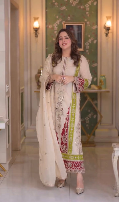 Cream Roman Silk Pakistani Suit with Sequence Embroidery