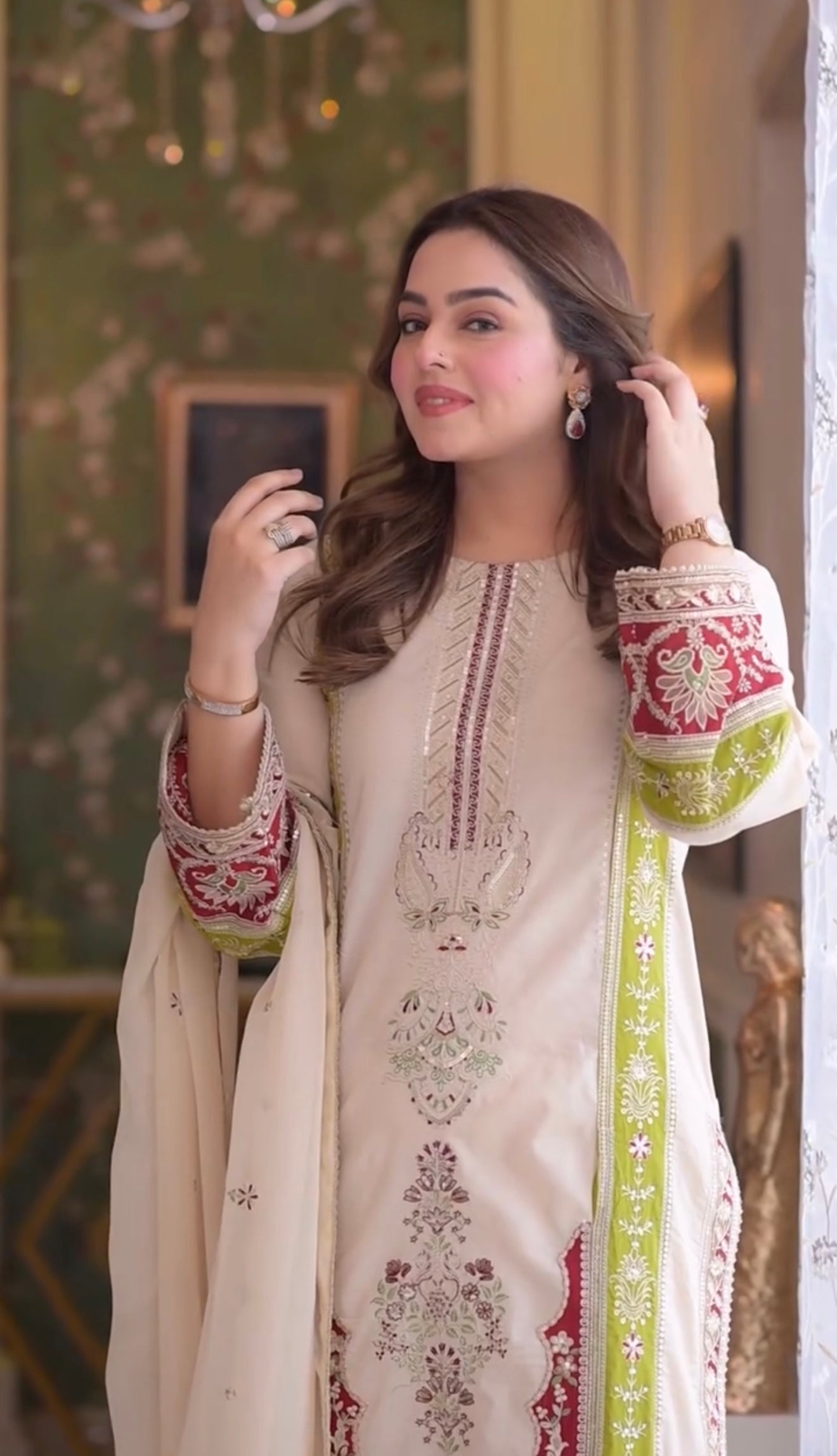 Cream Roman Silk Pakistani Suit with Sequence Embroidery